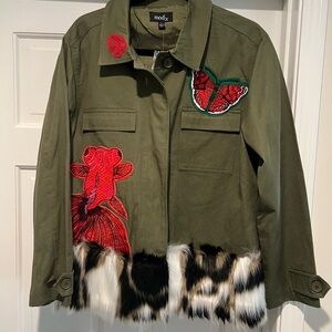Fun Fish & Unique Modx Olive Green Embroidered Utility Jacket with Faux Fur Trim